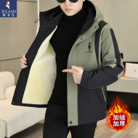 啄木鸟男士外套2025新款男士工装连帽加绒夹克冲锋衣冬季加厚棉衣