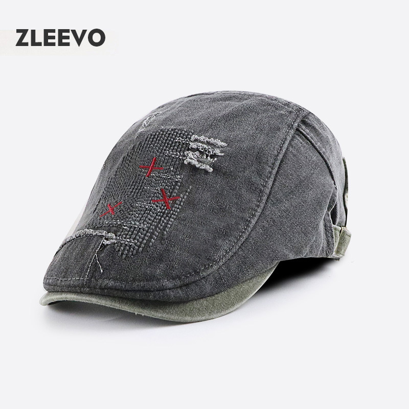/ 拼接做旧鸭舌帽破洞复古水洗前进帽子牛仔贝雷帽刺绣