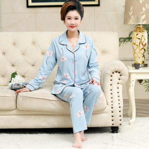 秋冬季新款中老年妈妈睡衣女开衫翻领棉质长袖宽松大码家居服套装