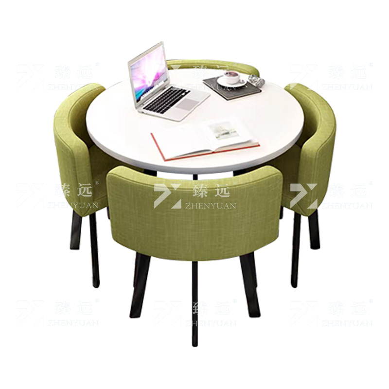 臻远 ZY4100947 简约接待桌椅洽谈桌椅 一桌四椅 白色圆桌绿色布椅
