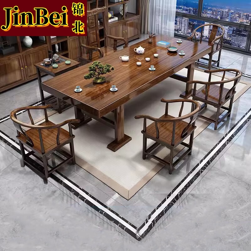 锦北 原木大板茶桌椅组合茶海茶桌办公室茶几茶道喝茶桌套装一体1.8平面款+1富贵椅4围椅+茶水柜