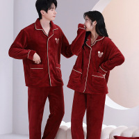 情侣睡衣秋冬季珊瑚绒本命年喜庆结婚大红色一男士一女家居服套装_323