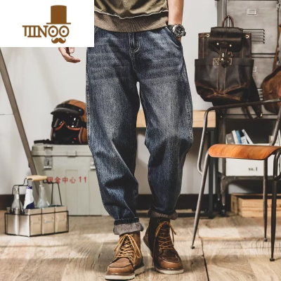 YANXU潮牌美式复古工装牛仔裤男宽松直筒微锥四季可穿百搭做旧长裤
