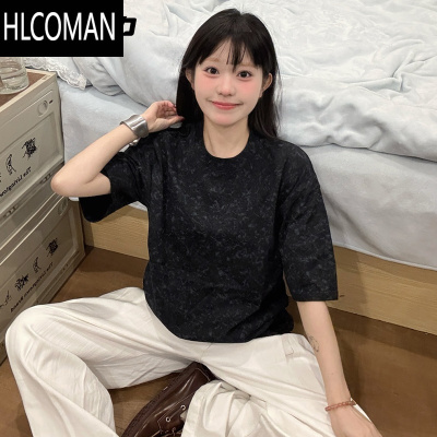 HLCOMANNELY美式圆领水墨晕染短袖T恤男女2025夏季新款潮牌上衣服