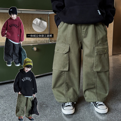 童酷男童冬款山系贴袋宝宝休闲裤百搭一体绒保暖儿童工装裤潮