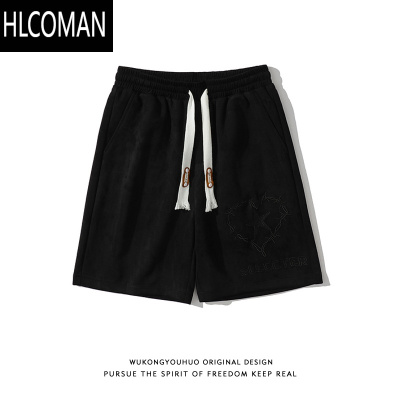 HLCOMAN美式荆棘刺绣绒粉色休闲短裤男夏季宽松百搭五分中裤