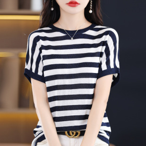 时尚洋气亮丝薄款冰丝短袖T恤女夏季宽松显瘦圆领金银丝针织衫