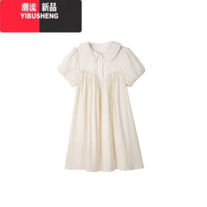 YIBUSHENG娃娃领格纹短袖连衣裙女2024新款韩版宽松显瘦中长裙学院风裙子