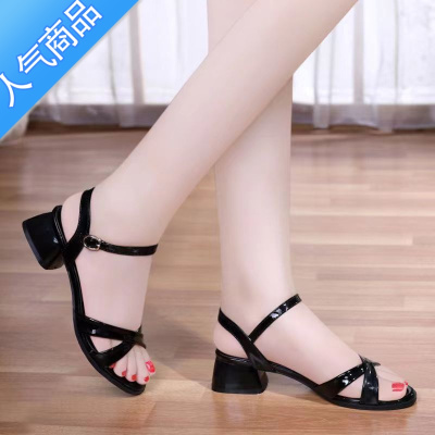 SUNTEK晴娫中跟凉鞋女2023夏季新款一字带软底粗跟妈妈时装露趾女鞋