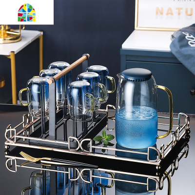 欧式水壶大容量玻璃冷水壶可高温创意家用客厅凉水壶凉水杯子套装 FENGHOU 6杯子+1杯架+配送6勺子[329]