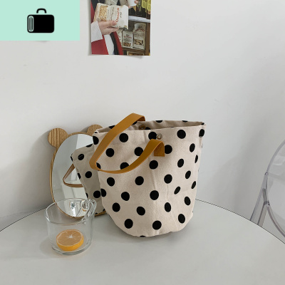 馨帮帮 夏季田园风清新可爱波点格纹手提包收纳包手拿水桶包包女NEW LAKE 白色波点