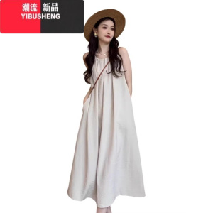 YIBUSHENG无袖背心连衣裙子女季2024新款海边度假高级感挂脖吊带沙滩长裙
