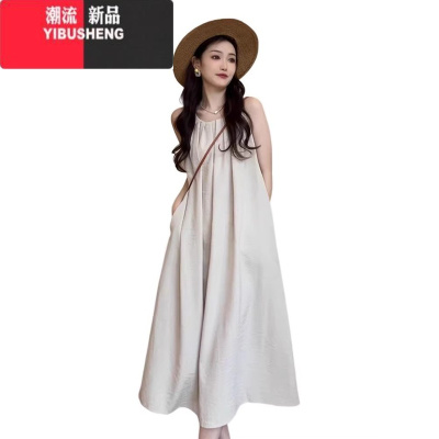 YIBUSHENG无袖背心连衣裙子女季2024新款海边度假高级感挂脖吊带沙滩长裙
