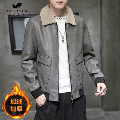 富贵鸟（FUGUINIAO）秋冬季加绒加厚皮衣男士休闲外套韩版潮加肥加大码机车服夹克男