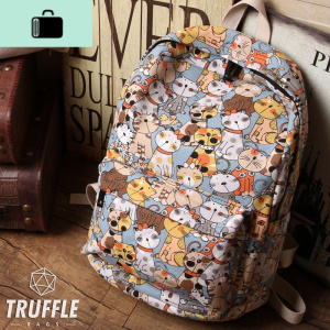 双肩包潮流时尚帆布男士初中高中学生书包休闲个性印花背包旅行包NEW LAKE 猫猫家族背包