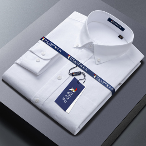 啄木鸟纯棉牛津纺白色男士衬衫短袖2025夏季免烫工装爸爸长袖衬衣