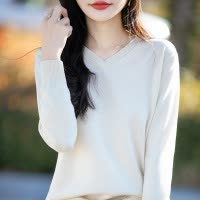 棉线针织衫女V领长袖薄款内搭毛衣春秋季上衣宽松套头线衣打底衫