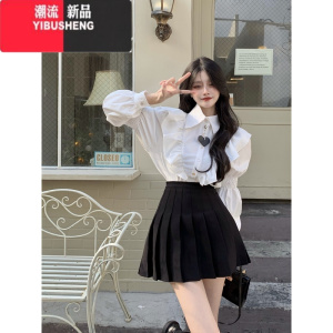 YIBUSHENG荷叶边泡泡袖白衬衫女春秋高级感设计感小众甜美法式长袖上衣别致