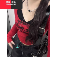 YIBUSHENG辣妹穿搭U领低胸紧身短款T恤女新款打底衫洋气印花减龄上衣服