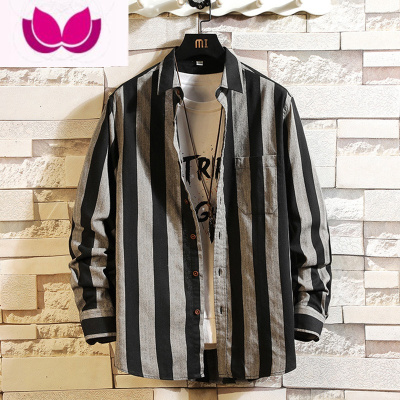 七斓男士条纹衬衫2023春季新款寸衫宽松长袖衬衣春装外套韩版潮流上衣