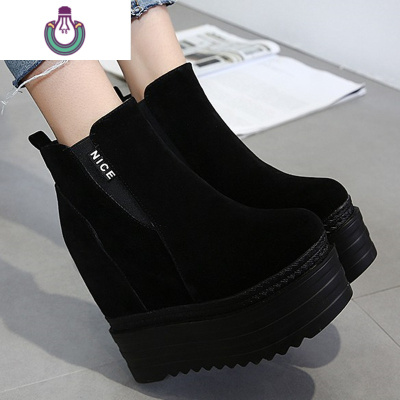 FISHBASKET防滑厚底内增高短靴女鞋子13CM松糕底马丁靴超高跟坡跟裸靴靴子