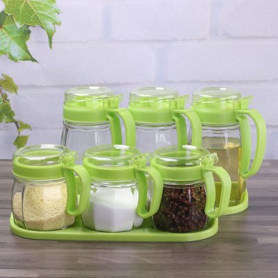 六件套玻璃调料盒厨房调味瓶罐调料罐油瓶家用盐罐装作料盒子套装 敬平 3油壶+3调味+2底座(绿色)调味罐
