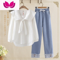 七斓2023休闲套装女春季秋款初中高中学生甜美上衣牛仔裤大童套