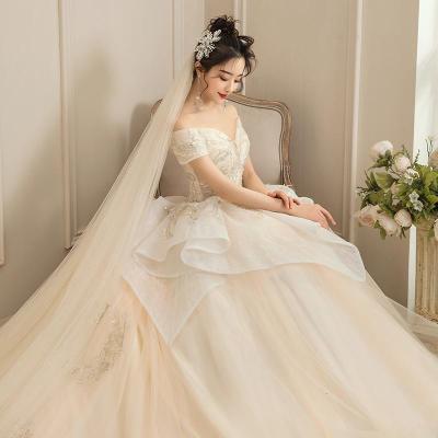 新款婚纱2020新款新娘气质拖尾森系超仙梦幻一字肩显瘦孕妇星空遮孕肚