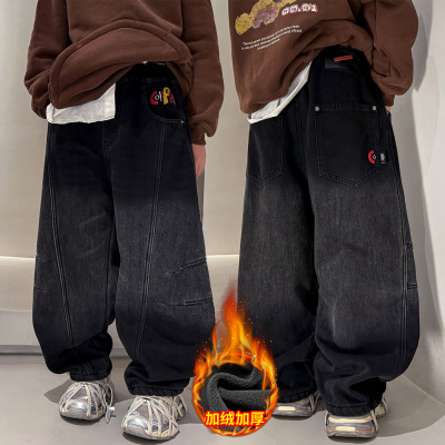 男童加绒裤子秋冬新款男孩痞帅风裤儿童一体绒加厚牛仔裤