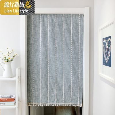 简约条纹绣花卧室厨房帘免打孔半帘窗帘粘贴柜子帘玄关帘子长帘 三维工匠
