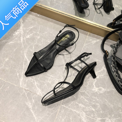 SUNTEK超百搭韩版尖头细跟女凉鞋一字细带矮跟3厘米扣带罗马女鞋子