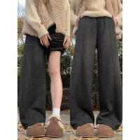 羊羔绒黑色毛呢卫裤女冬新款加绒保暖棉裤胖mm大码加厚阔腿裤_485