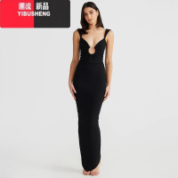YIBUSHENGgusty欧美风圆环扣镂空低胸吊带过膝长裙性感辣妹露背开叉连衣裙