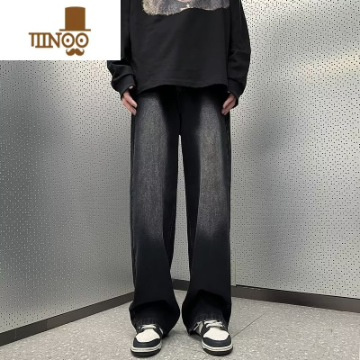 YANXU水洗直筒牛仔裤男士夏季薄款美式高街宽松阔腿休闲复古潮牌长裤子