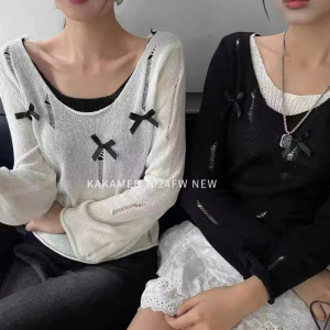 假两件破洞撞色针织衫春秋季新款女装修身蝴蝶结辣妹长袖上衣外穿