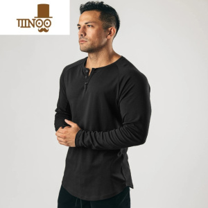 YANXU复古亨利衫长袖t恤纯色运动健身打底衫男弹力薄款V领开衫