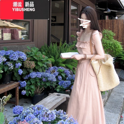 YIBUSHENG甜美粉色飞飞袖连衣裙子女季2024新款方领收腰温柔法式仙女长裙