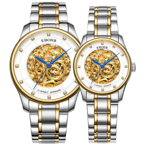 依波(EBOHR)情侣手表男女经典大师系列龙纹镂空全自动机械龙表防水前十名大品牌生日礼物送男女友腕表