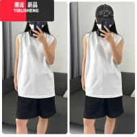 YIBUSHENG白色美式运动坎袖无袖背心女外穿上衣t恤大码长款宽松坎肩