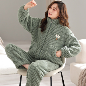 珊瑚绒睡衣女款2024新款秋冬加绒加厚法兰绒家居服可外穿时尚套装