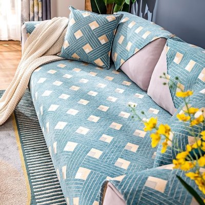 家柏饰(CORATED)北欧四季通用沙发垫防滑简约全包萬能沙发套罩布艺沙发巾沙发盖布 几何蓝 70*90cm