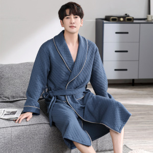 男士睡袍秋冬款加厚空气棉夹层浴袍晨袍纯棉薄款日式家居服睡衣