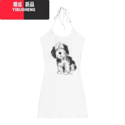 YIBUSHENG小狗印花挂脖吊带连衣裙女季收腰显瘦包臀裙辣妹露背绑带短裙子