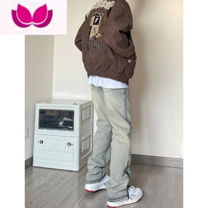 七斓水洗做旧黄泥染拉链开叉微喇牛仔裤男直筒美式高街vibe裤子