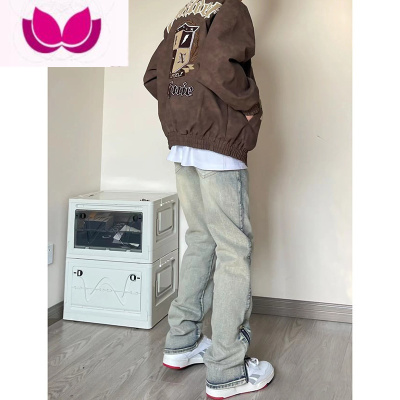 七斓水洗做旧黄泥染拉链开叉微喇牛仔裤男直筒美式高街vibe裤子