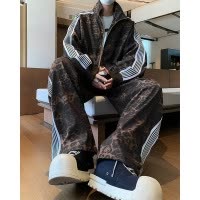 套装男春秋季新款高街美式复古豹纹水洗男女同款宽松情侣夹克外套