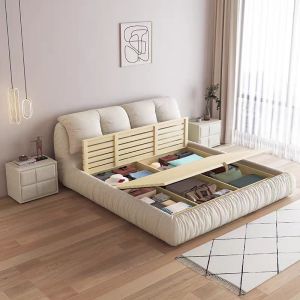 意式高端榻榻米布艺床现代简约主卧室双人床奶油风1.8米软包储物婚床