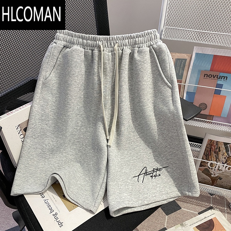 HLCOMAN2025新款美式潮牌刺绣休闲运动灰色短裤男夏季宽松抽绳五分裤中裤