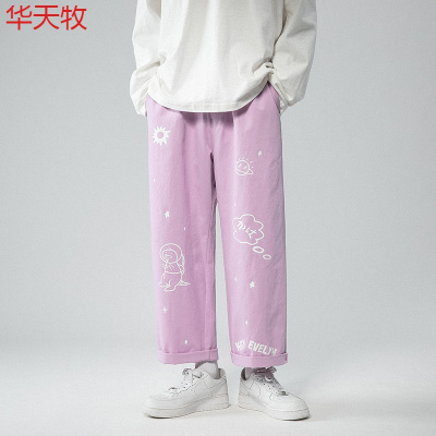 90-230斤胖子大码2021裤子秋冬印花时尚裤子显瘦纯棉休闲裤A095-KZ3152-P40灰底紫