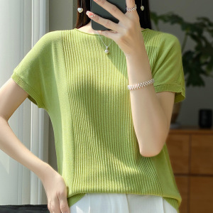 夏季冰丝T恤女圆领大码短袖宽松显瘦冰凉垂感遮肚子针织衫